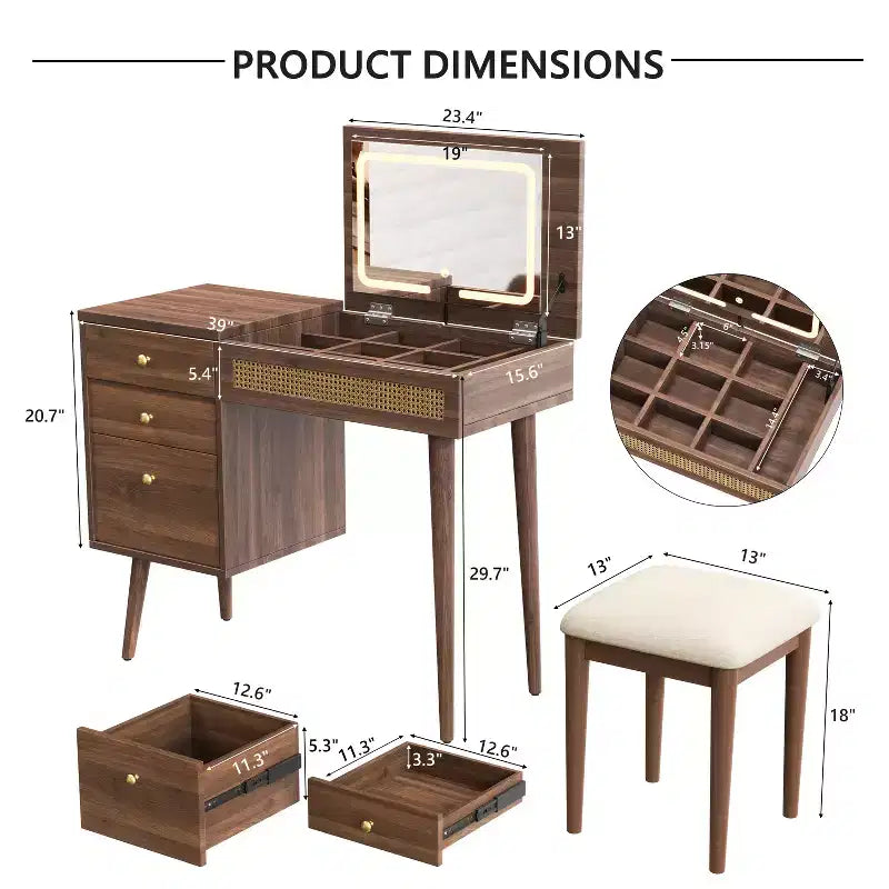 Toeletta in Stile Retrò con Sgabello, Specchio, Luci LED, Piano Ribaltabile, 3 Cassetti e 10 Scomparti, Tavolo da Trucco per Camera da Letto, Noce