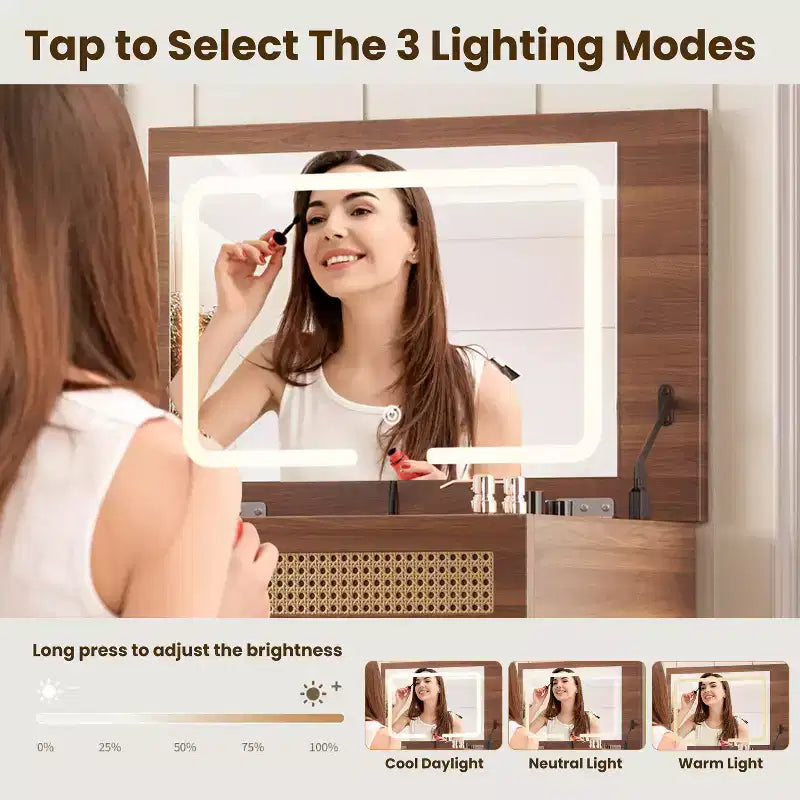Toeletta in Stile Retrò con Sgabello, Specchio, Luci LED, Piano Ribaltabile, 3 Cassetti e 10 Scomparti, Tavolo da Trucco per Camera da Letto, Noce