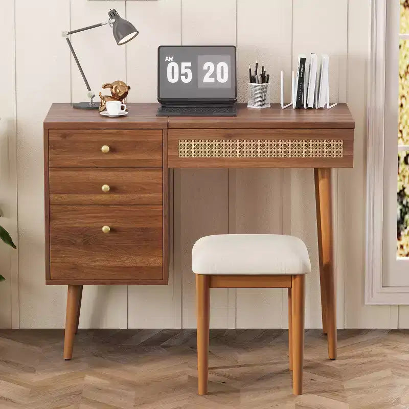 Toeletta in Stile Retrò con Sgabello, Specchio, Luci LED, Piano Ribaltabile, 3 Cassetti e 10 Scomparti, Tavolo da Trucco per Camera da Letto, Noce