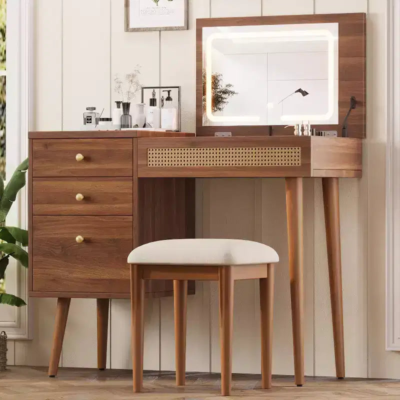 Toeletta in Stile Retrò con Sgabello, Specchio, Luci LED, Piano Ribaltabile, 3 Cassetti e 10 Scomparti, Tavolo da Trucco per Camera da Letto, Noce