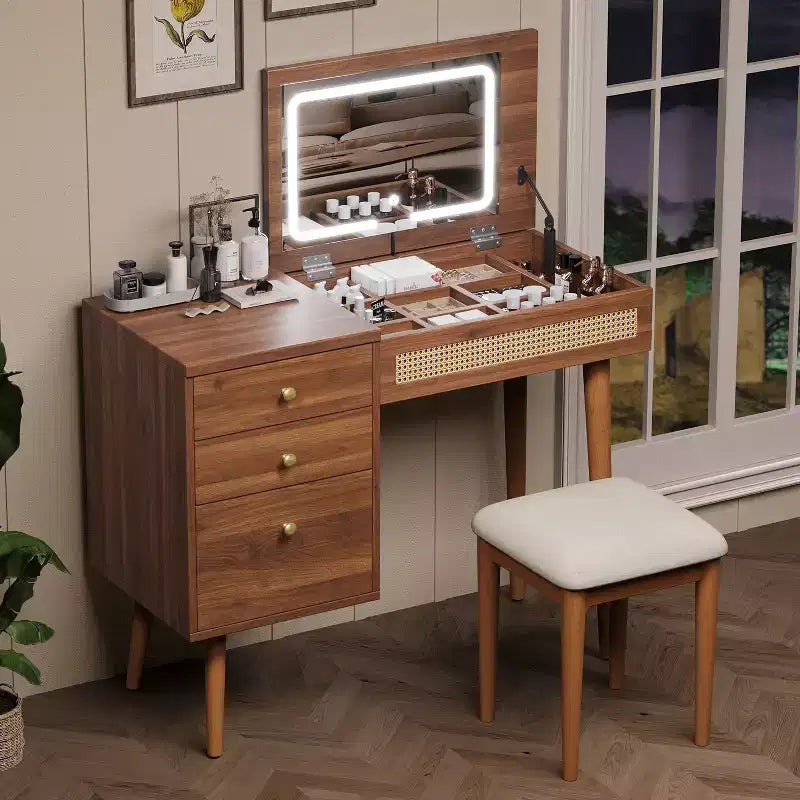 Toeletta in Stile Retrò con Sgabello, Specchio, Luci LED, Piano Ribaltabile, 3 Cassetti e 10 Scomparti, Tavolo da Trucco per Camera da Letto, Noce