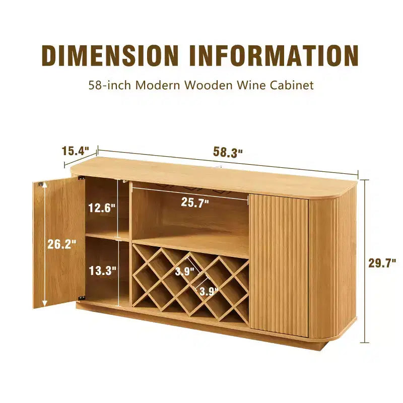 Credenza moderna ondulata da 58" con ripiani regolabili e ante senza maniglie