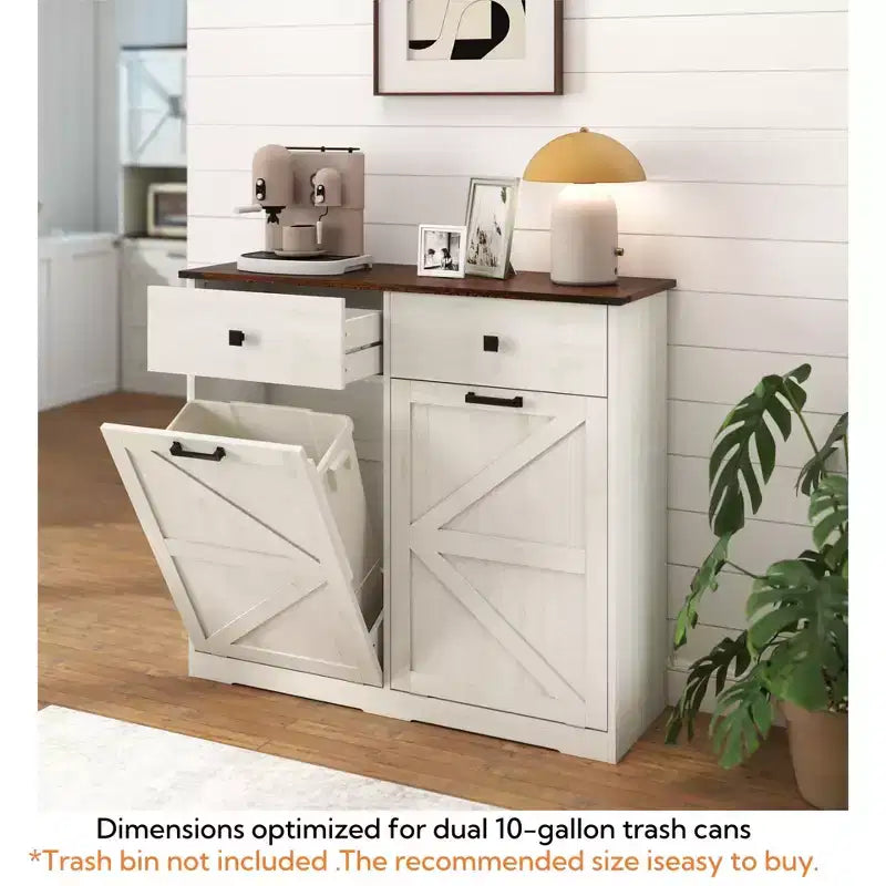 Mobile contenitore con cassetti e cestini per la raccolta differenziata in stile rustico, utilizzabile in più ambienti