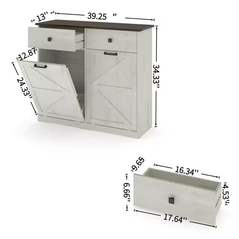 Mobile contenitore con cassetti e cestini per la raccolta differenziata in stile rustico, utilizzabile in più ambienti