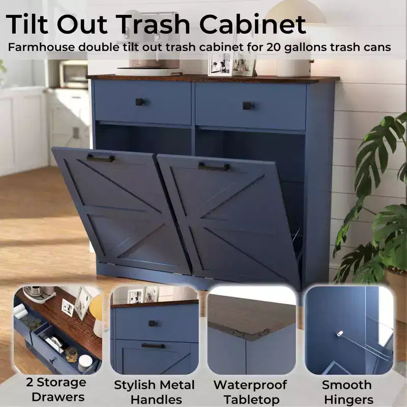 Farmhouse Double Tilt-Out Trash Cabinet with Drawers & Recycling Storage, Multi-Room Use