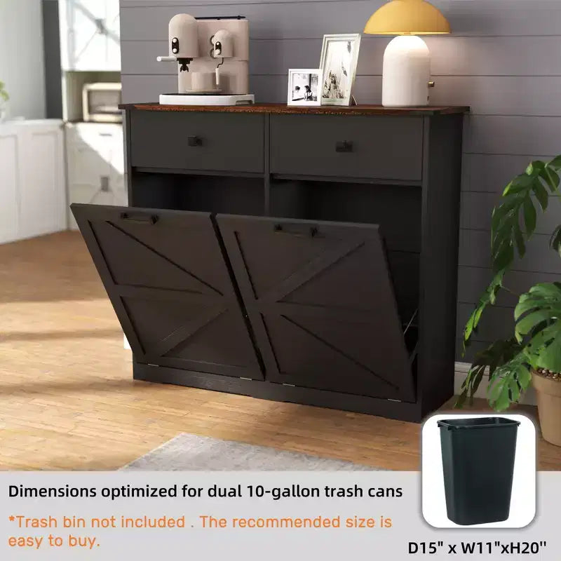 Mobile contenitore con cassetti e cestini per la raccolta differenziata in stile rustico, utilizzabile in più ambienti