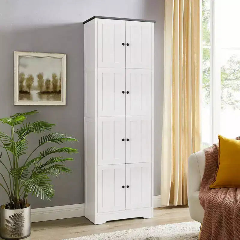 Mobile Contenitore Alto con 8 Ante, Scaffali a 4 Ripiani Armadietto da Terra Autoportante, Dispensa da Cucina per Camera da Letto, Ingresso, Soggiorno