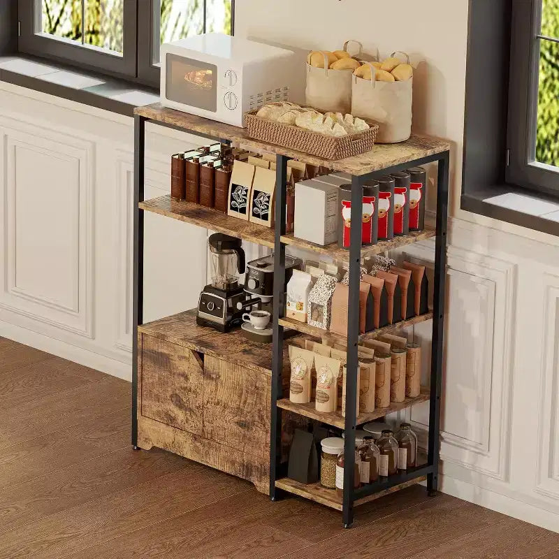 Scaffale da Cucina a 5 Livelli con Ante, Organizer Indipendente da 97 cm con Ripiani per Forno a Microonde, Stazione Caffè per Cucina, Ufficio