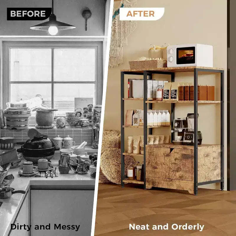 Scaffale da Cucina a 5 Livelli con Ante, Organizer Indipendente da 97 cm con Ripiani per Forno a Microonde, Stazione Caffè per Cucina, Ufficio