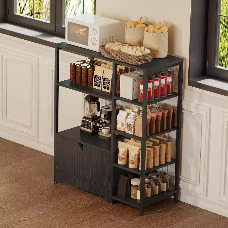 Scaffale da Cucina a 5 Livelli con Ante, Organizer Indipendente da 97 cm con Ripiani per Forno a Microonde, Stazione Caffè per Cucina, Ufficio