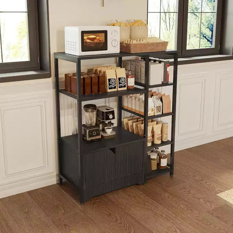 Scaffale da Cucina a 5 Livelli con Ante, Organizer Indipendente da 97 cm con Ripiani per Forno a Microonde, Stazione Caffè per Cucina, Ufficio