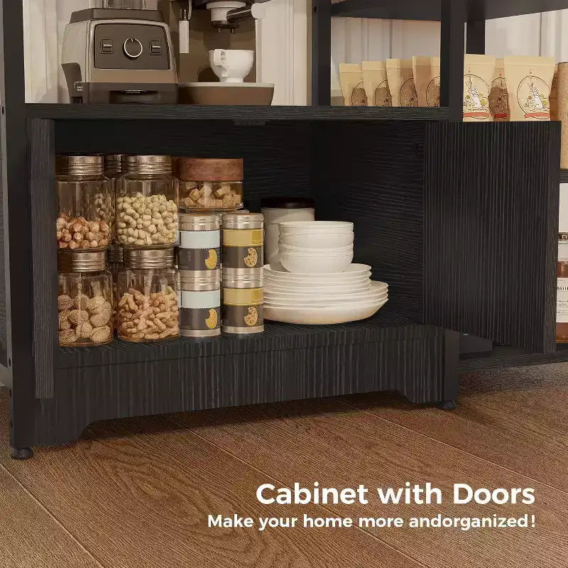 Scaffale da Cucina a 5 Livelli con Ante, Organizer Indipendente da 97 cm con Ripiani per Forno a Microonde, Stazione Caffè per Cucina, Ufficio
