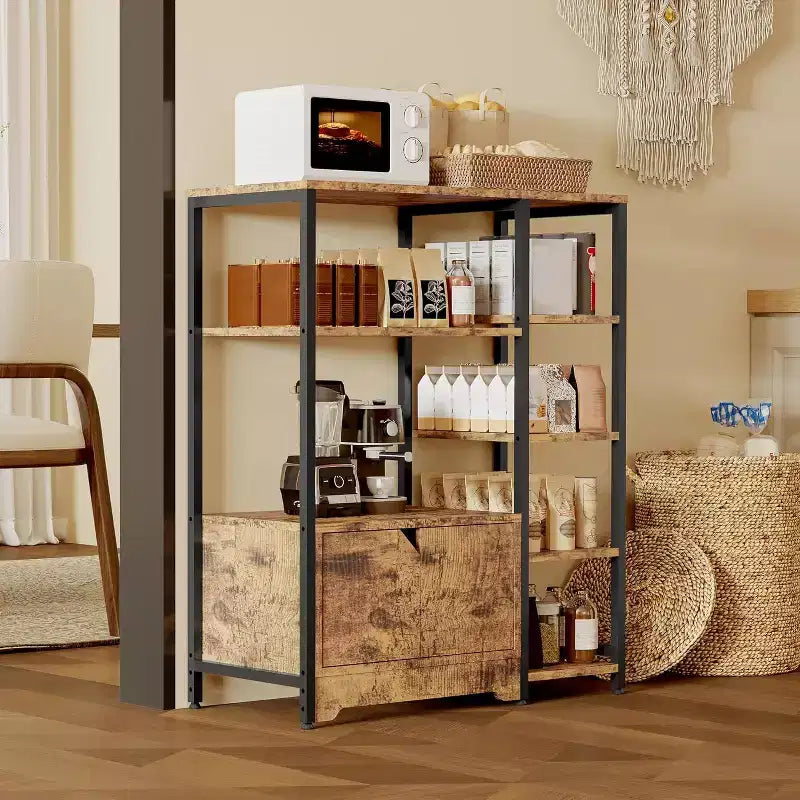 Scaffale da Cucina a 5 Livelli con Ante, Organizer Indipendente da 97 cm con Ripiani per Forno a Microonde, Stazione Caffè per Cucina, Ufficio
