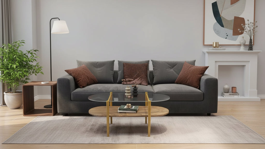 MAYEERTY Oval Glass Coffee Table, 2 Tier Structure Clear Glass Top and Walnut Finish Wood Shelf Conical Legs with Gold Finish Frame
