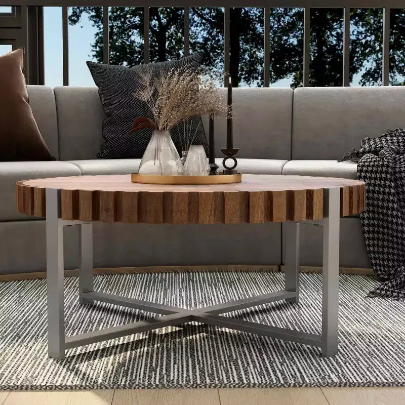 Tavolino da caffè rotondo a tamburo da 31,5" con finitura in legno naturale, MDF