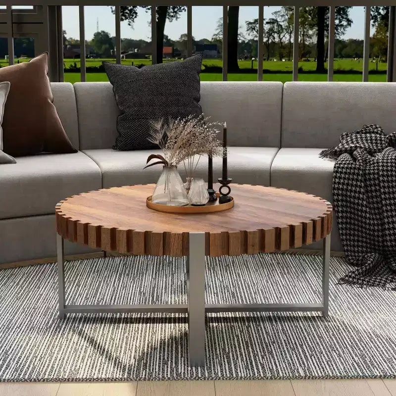 Tavolino da caffè rotondo a tamburo da 31,5" con finitura in legno naturale, MDF