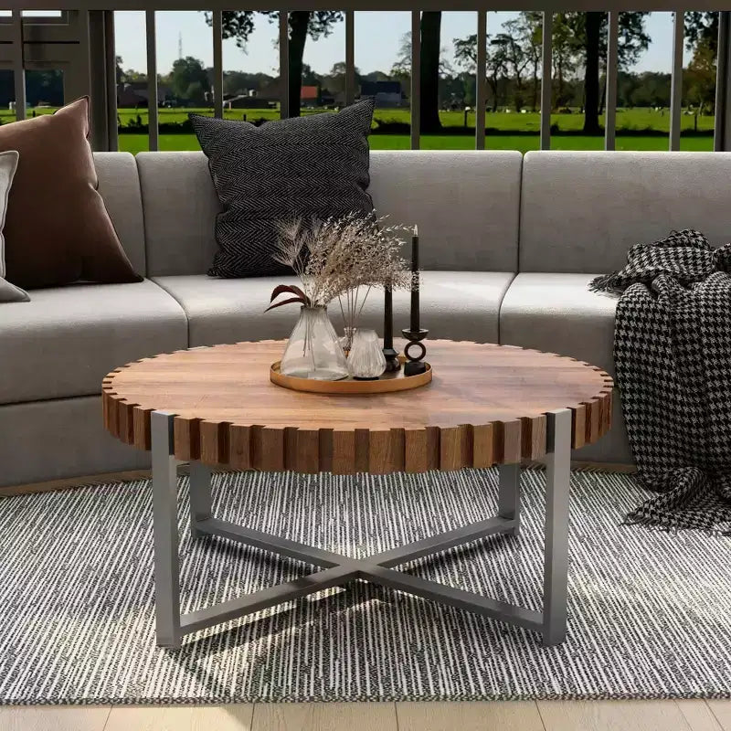Tavolino da caffè rotondo a tamburo da 31,5" con finitura in legno naturale, MDF