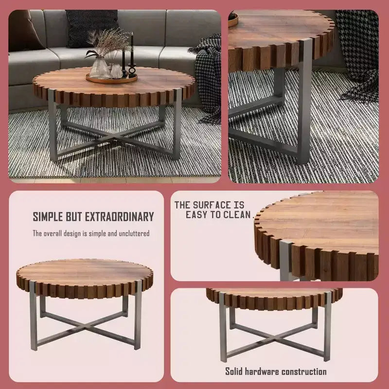 Tavolino da caffè rotondo a tamburo da 31,5" con finitura in legno naturale, MDF
