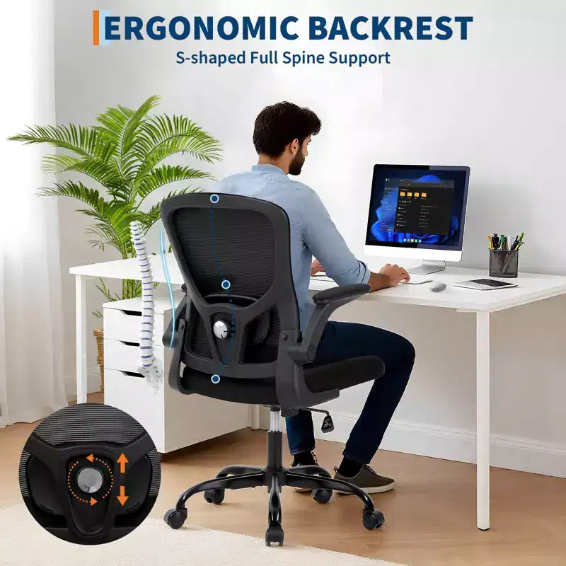 Sedia da ufficio ergonomica con schienale alto, supporto lombare regolabile, poggiatesta e braccioli ribaltabili, capacità 136 kg
