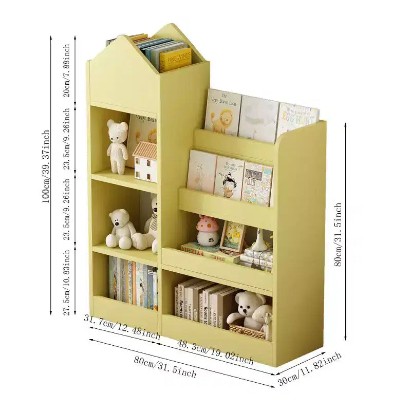 Libreria per bambini in legno, organizer per giocattoli con ripiani, grande mobile contenitore per bambini con 6 scomparti, 2 cestini e contenitore per libri e giocattoli
