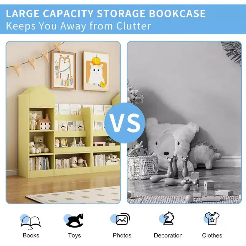 Libreria per bambini in legno, organizer per giocattoli con ripiani, grande mobile contenitore per bambini con 6 scomparti, 2 cestini e contenitore per libri e giocattoli
