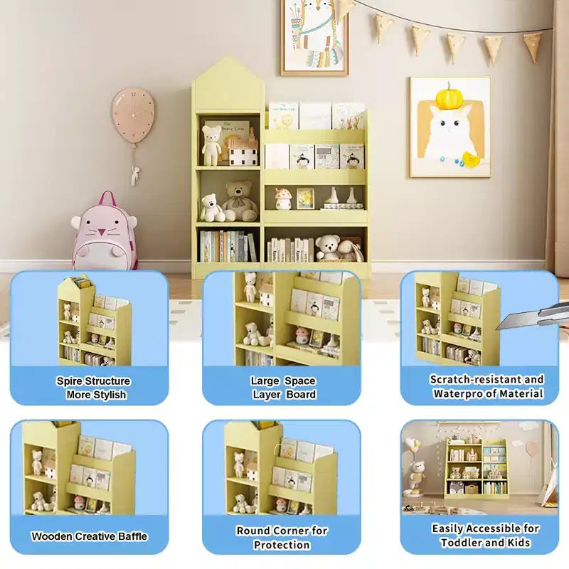 Libreria per bambini in legno, organizer per giocattoli con ripiani, grande mobile contenitore per bambini con 6 scomparti, 2 cestini e contenitore per libri e giocattoli