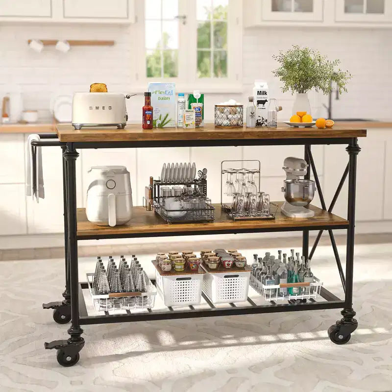 Carrello da Cucina a 3 Livelli con Ruote Bloccabili e Gambe in Tubo Industriale, 99 cm di Larghezza