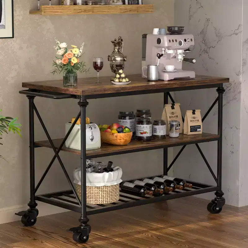 Carrello da Cucina a 3 Livelli con Ruote Bloccabili e Gambe in Tubo Industriale, 99 cm di Larghezza