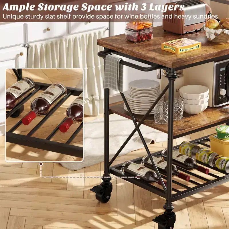 Carrello da Cucina a 3 Livelli con Ruote Bloccabili e Gambe in Tubo Industriale, 99 cm di Larghezza