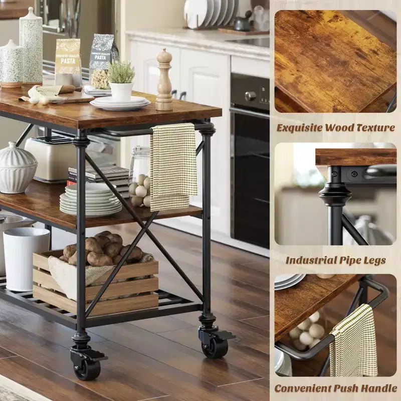 Carrello da Cucina a 3 Livelli con Ruote Bloccabili e Gambe in Tubo Industriale, 99 cm di Larghezza