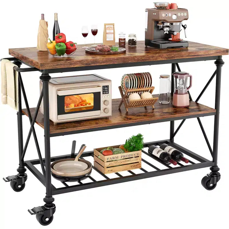 Carrello da Cucina a 3 Livelli con Ruote Bloccabili e Gambe in Tubo Industriale, 99 cm di Larghezza