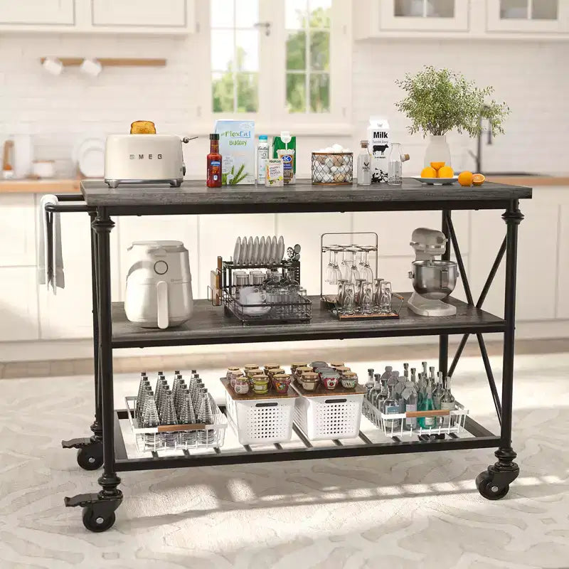 Carrello da Cucina a 3 Livelli con Ruote Bloccabili e Gambe in Tubo Industriale, 99 cm di Larghezza