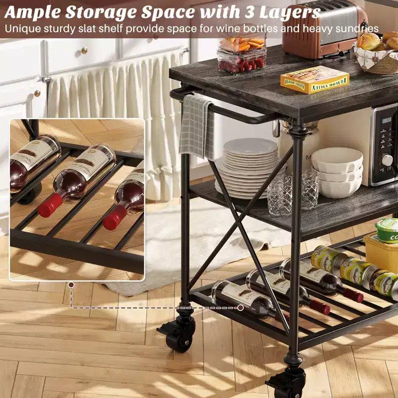 Carrello da Cucina a 3 Livelli con Ruote Bloccabili e Gambe in Tubo Industriale, 99 cm di Larghezza