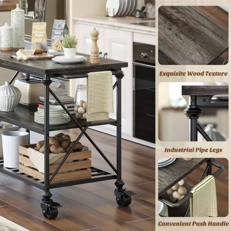 Carrello da Cucina a 3 Livelli con Ruote Bloccabili e Gambe in Tubo Industriale, 99 cm di Larghezza