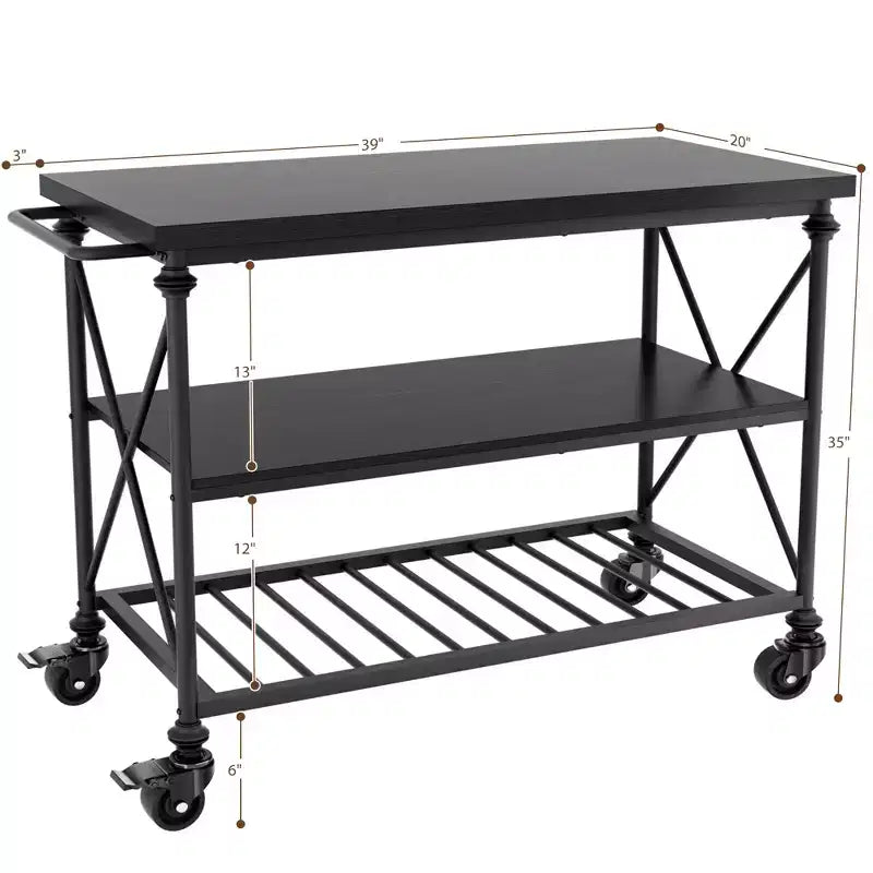 3-Tier Kitchen Island Cart with Lockable Caster Wheels & Industrial Pipe Legs, 39" Wide