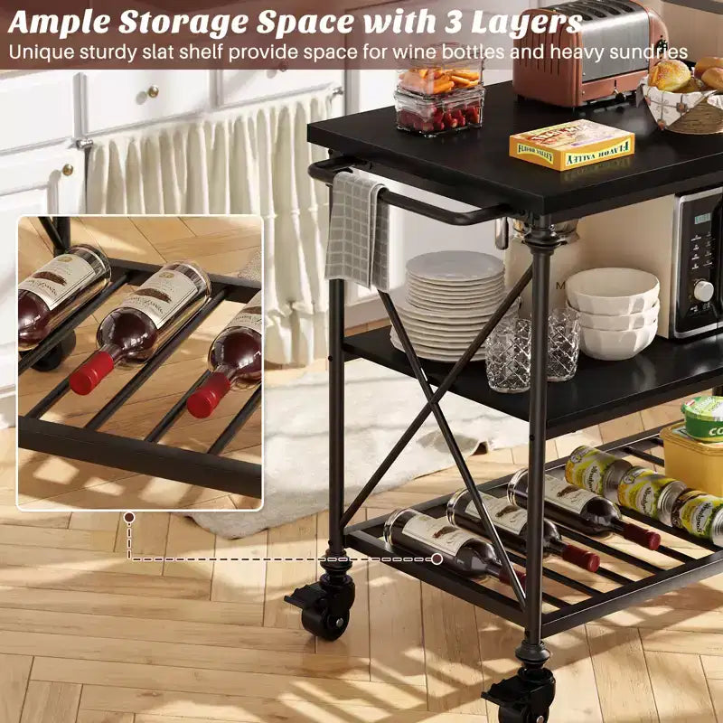 Carrello da Cucina a 3 Livelli con Ruote Bloccabili e Gambe in Tubo Industriale, 99 cm di Larghezza