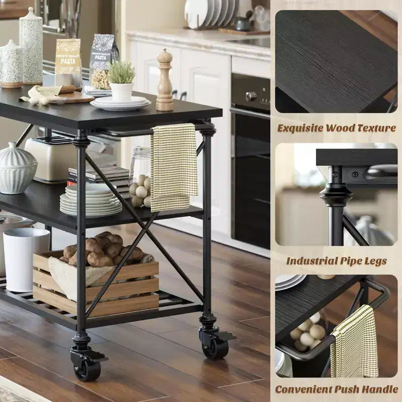 Carrello da Cucina a 3 Livelli con Ruote Bloccabili e Gambe in Tubo Industriale, 99 cm di Larghezza