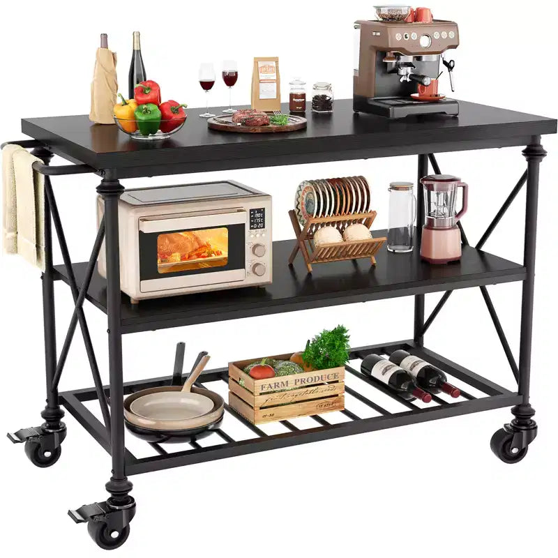 Carrello da Cucina a 3 Livelli con Ruote Bloccabili e Gambe in Tubo Industriale, 99 cm di Larghezza