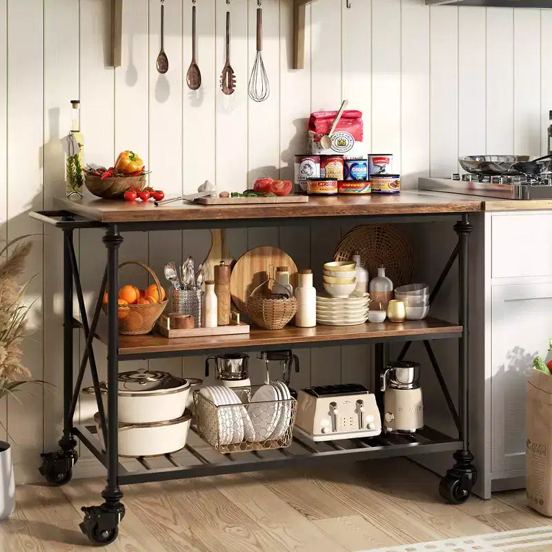 3-Tier Kitchen Island Cart with Lockable Caster Wheels & Industrial Pipe Legs, 39" Wide