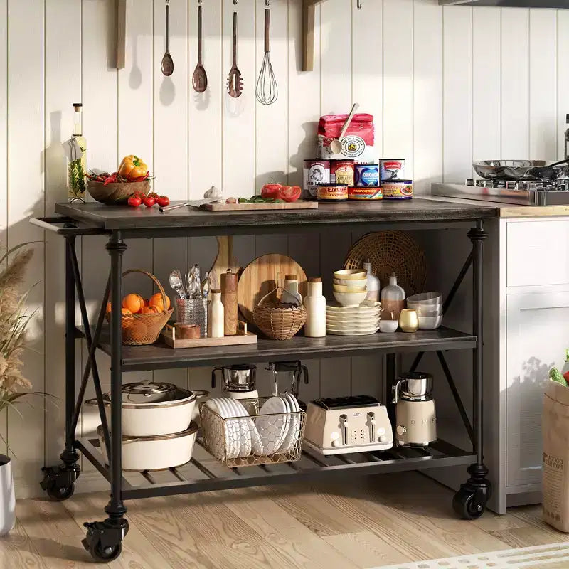 3-Tier Kitchen Island Cart with Lockable Caster Wheels & Industrial Pipe Legs, 39" Wide