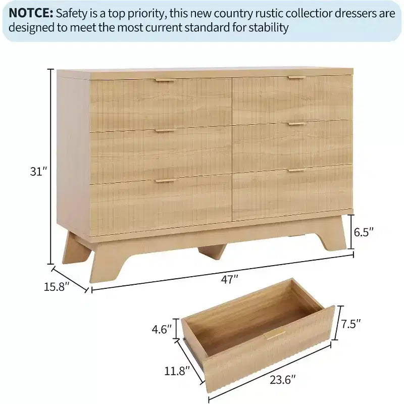 Cassettiera a 6 cassetti con scanalature, profilo curvo in rovere naturale con gambe svasate e maniglie in metallo