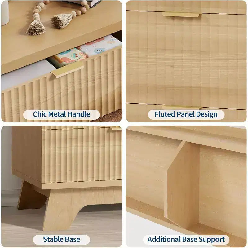Cassettiera a 6 cassetti con scanalature, profilo curvo in rovere naturale con gambe svasate e maniglie in metallo