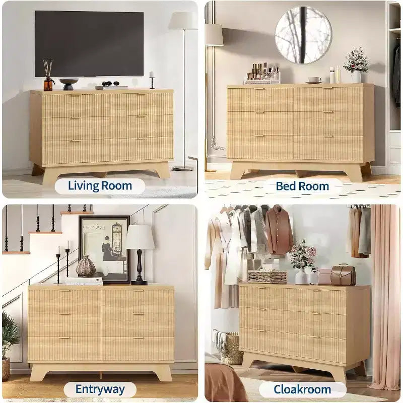 Cassettiera a 6 cassetti con scanalature, profilo curvo in rovere naturale con gambe svasate e maniglie in metallo