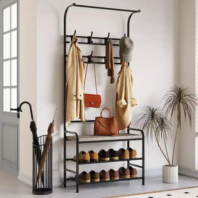 Appendiabiti da ingresso, 4-in-1, autoportante, con panca portascarpe, scaffale a 3 ripiani, asta appendiabiti e 8 ganci regolabili per ingresso e camera da letto