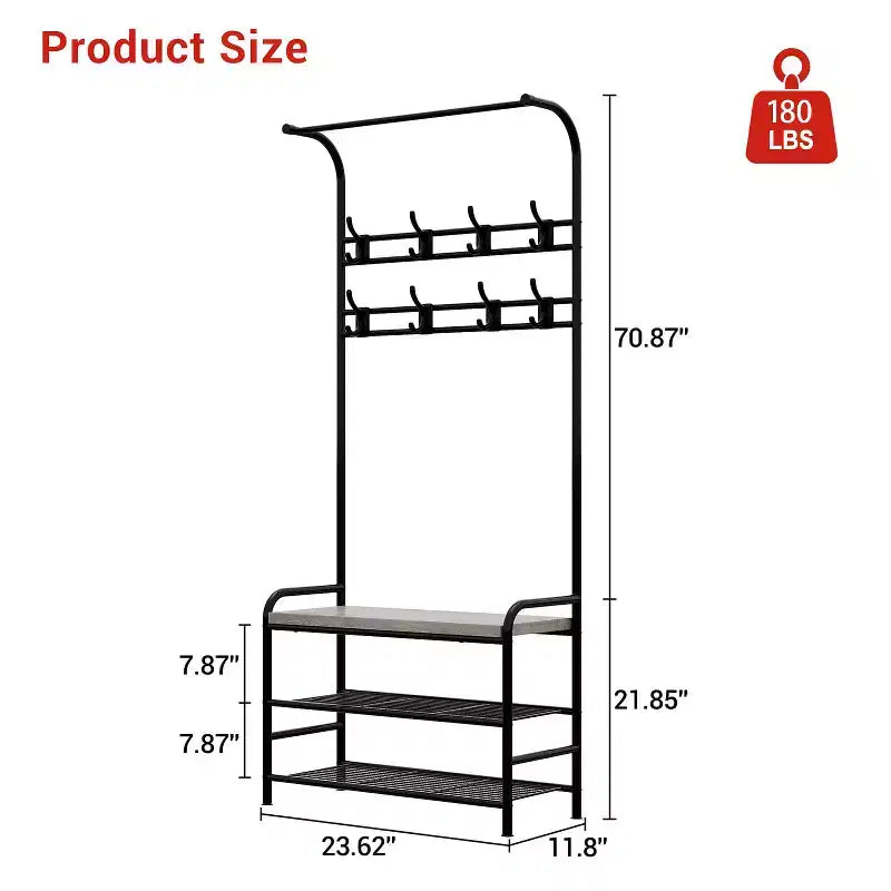 Appendiabiti da ingresso, 4-in-1, autoportante, con panca portascarpe, scaffale a 3 ripiani, asta appendiabiti e 8 ganci regolabili per ingresso e camera da letto