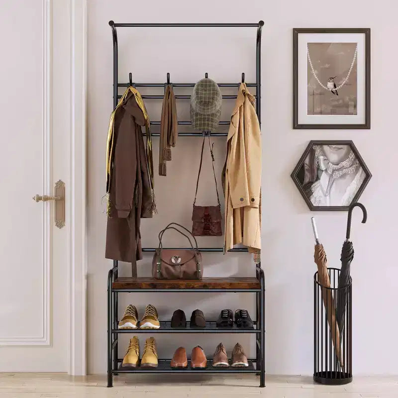 Entryway Hall Tree, 4-in-1 Freestanding Coat Rack w/Shoe Storage Bench, 3-Tier Shelf, Hanging Rod & 8 Adjustable Hooks for Entryway Bedroom