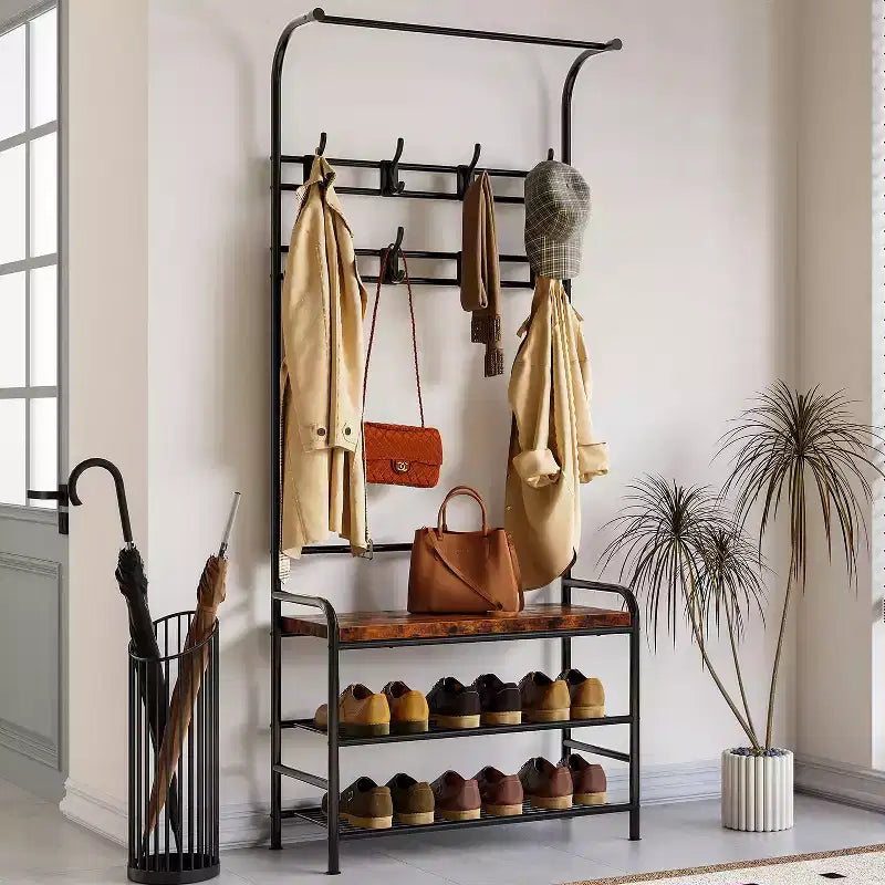 Entryway Hall Tree, 4-in-1 Freestanding Coat Rack w/Shoe Storage Bench, 3-Tier Shelf, Hanging Rod & 8 Adjustable Hooks for Entryway Bedroom