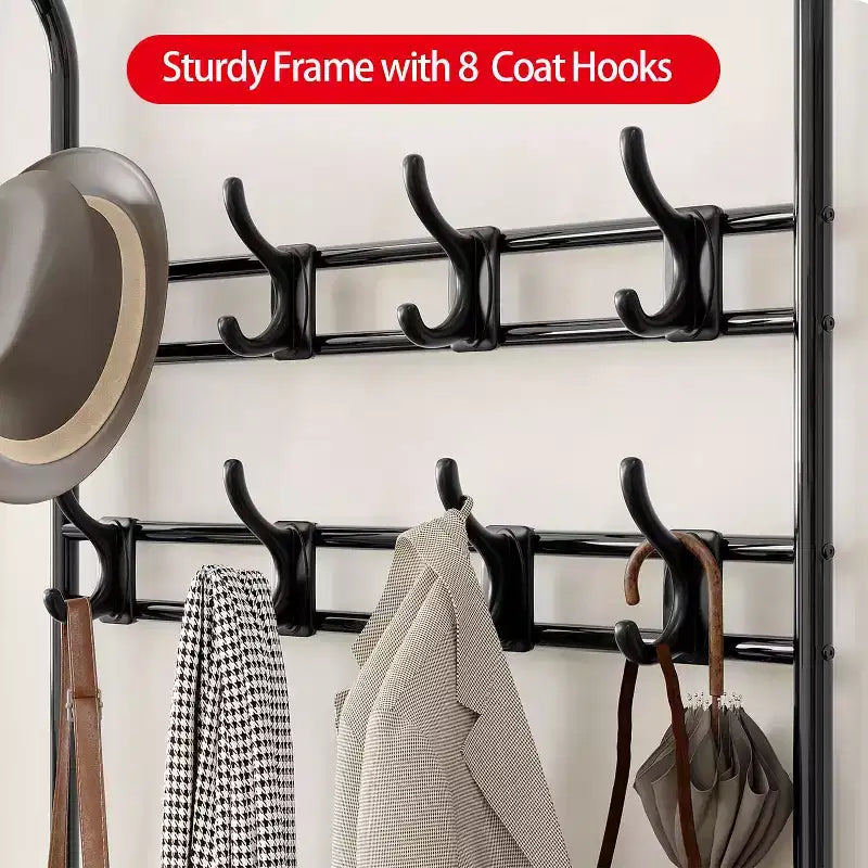 Entryway Hall Tree, 4-in-1 Freestanding Coat Rack w/Shoe Storage Bench, 3-Tier Shelf, Hanging Rod & 8 Adjustable Hooks for Entryway Bedroom