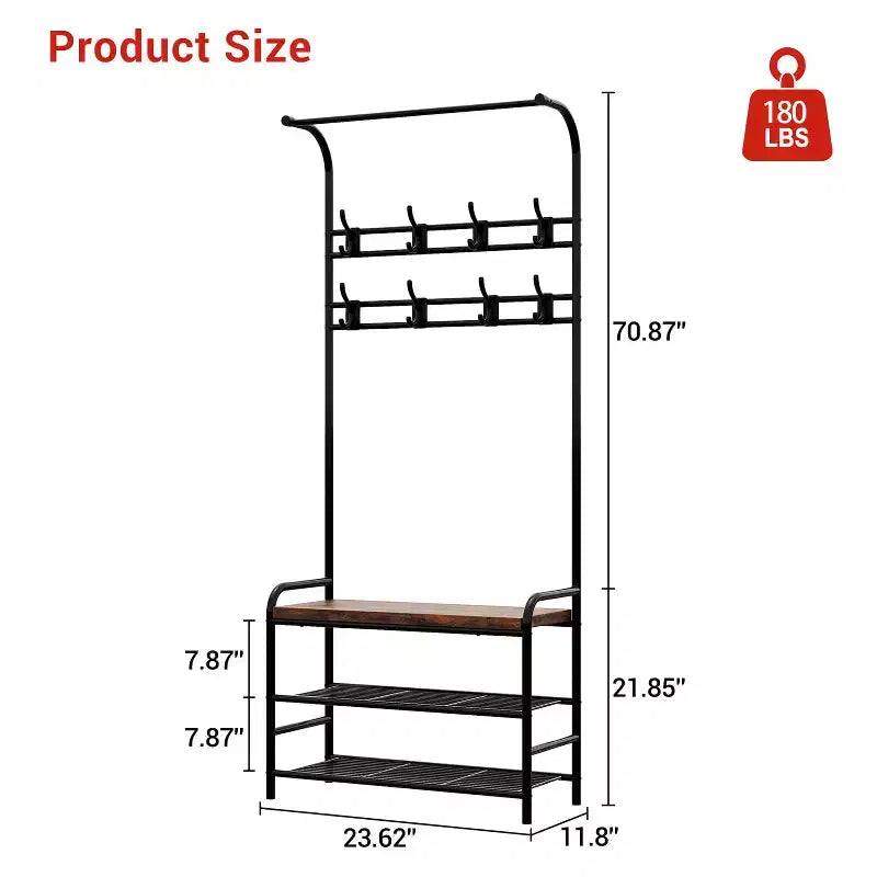 Appendiabiti da ingresso, 4-in-1, autoportante, con panca portascarpe, scaffale a 3 ripiani, asta appendiabiti e 8 ganci regolabili per ingresso e camera da letto
