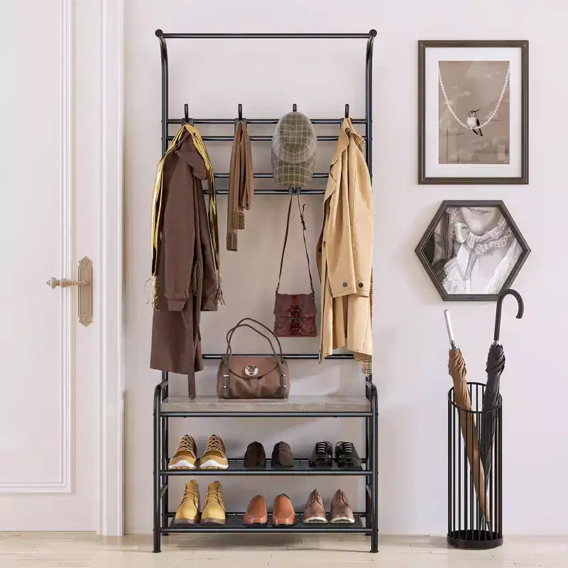 Appendiabiti da ingresso, 4-in-1, autoportante, con panca portascarpe, scaffale a 3 ripiani, asta appendiabiti e 8 ganci regolabili per ingresso e camera da letto
